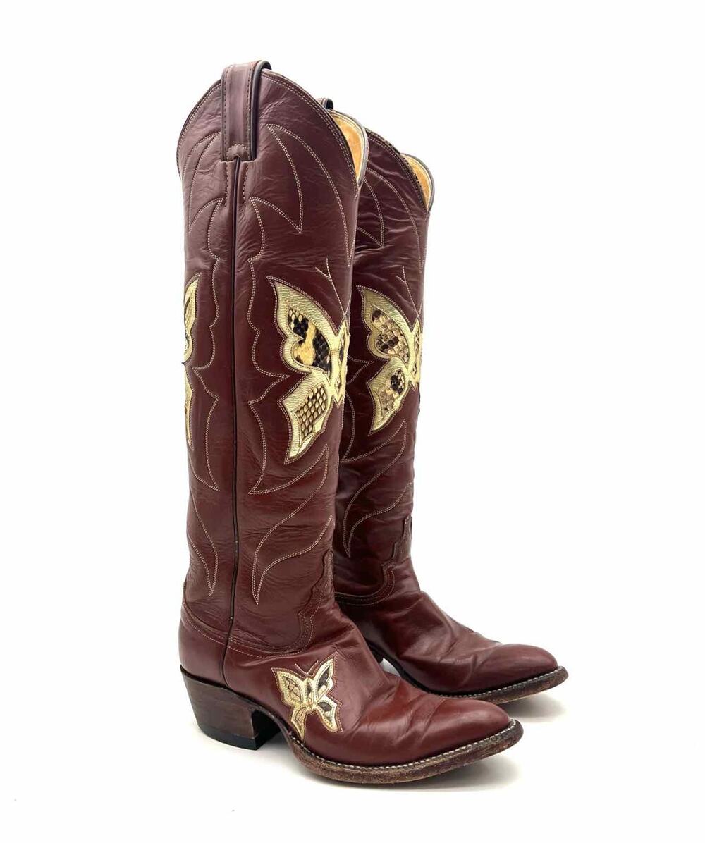 Justin Size 5 R Brown/Cream Butterflies Leather Vintage Designer Cowboy Boots